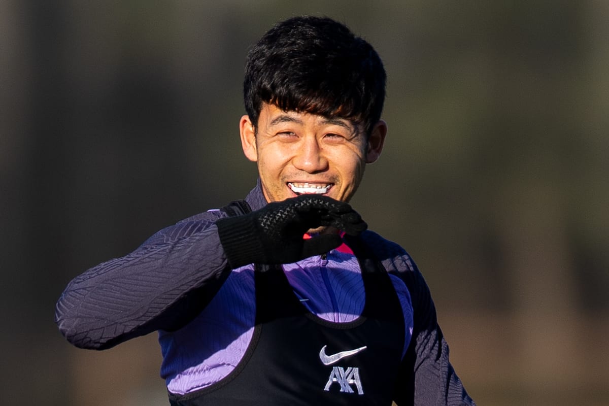 LIVERPOOL, ENGLAND - Wednesday, December 13, 2023: Liverpool's Wataru End? during a training session at the AXA Training Centre ahead of the UEFA Europa League Group E match between Royale Union Saint-Gilloise and Liverpool FC. (Photo by Jessica Hornby/Propaganda)