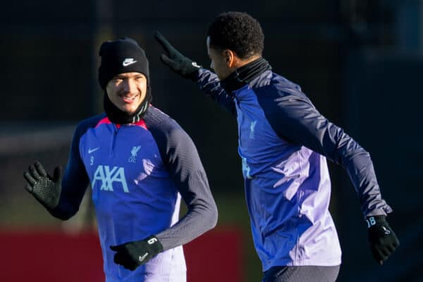 LIVERPOOL, ENGLAND - Wednesday, December 13, 2023: Liverpool's Darwin Núñez (L) and Cody Gakpo during a training session at the AXA Training Centre ahead of the UEFA Europa League Group E match between Royale Union Saint-Gilloise and Liverpool FC. (Photo by Jessica Hornby/Propaganda)