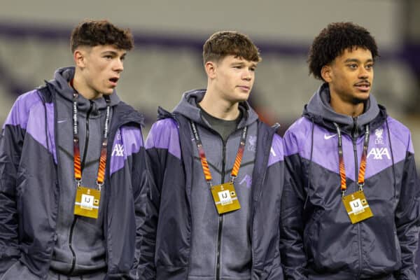 BRUSSELS, BELGIUM - Thursday, December 14, 2023: Liverpool's (L-R) Luke Chambers, James McConnell, Calum Scanlon during the UEFA Europa League Group E matchday 6 game between Royale Union Saint-Gilloise and Liverpool FC at the Constant Vanden Stock Stadium. (Photo by David Rawcliffe/Propaganda)