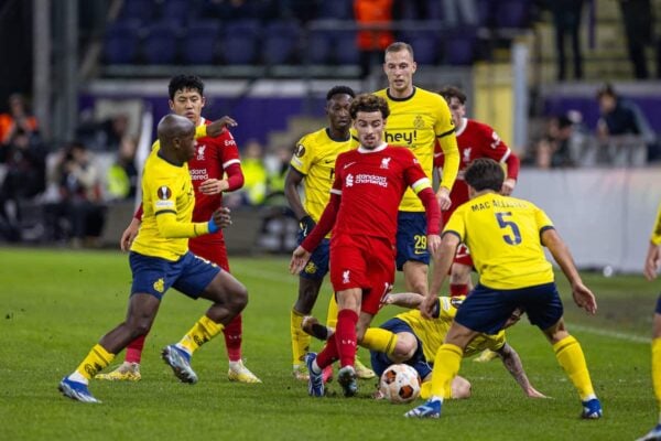 BRUSSELS, BELGIUM - Thursday, December 14, 2023: Liverpool's Curtis Jones during the UEFA Europa League Group E matchday 6 game between Royale Union Saint-Gilloise and Liverpool FC at the Constant Vanden Stock Stadium. (Photo by David Rawcliffe/Propaganda)