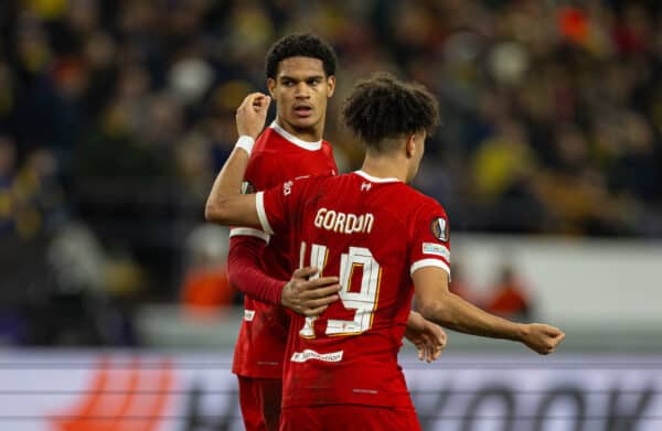 BRUSSELS, BELGIUM - Thursday, December 14, 2023: Liverpool's Jarell Quansah (L) celebrates after scoring the first equalising goal during the UEFA Europa League Group E matchday 6 game between Royale Union Saint-Gilloise and Liverpool FC at the Constant Vanden Stock Stadium. (Photo by David Rawcliffe/Propaganda)