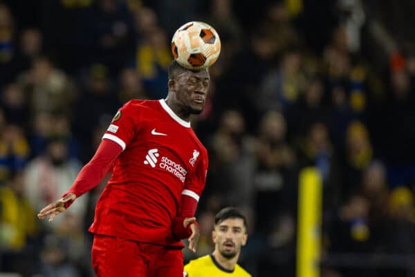 BRUSSELS, BELGIUM - Thursday, December 14, 2023: Liverpool's Ibrahima Konaté during the UEFA Europa League Group E matchday 6 game between Royale Union Saint-Gilloise and Liverpool FC at the Constant Vanden Stock Stadium. (Photo by David Rawcliffe/Propaganda)