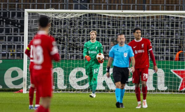 BRUSSELS, BELGIUM - Thursday, December 14, 2023: Liverpool's goalkeeper Caoimhin Kelleher looks dejected as Union SG score the opening goal during the UEFA Europa League Group E matchday 6 game between Royale Union Saint-Gilloise and Liverpool FC at the Constant Vanden Stock Stadium. (Photo by David Rawcliffe/Propaganda)