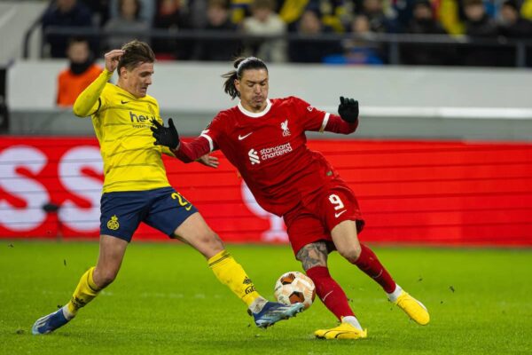 BRUSSELS, BELGIUM - Thursday, December 14, 2023: Liverpool's Darwin Núñez during the UEFA Europa League Group E matchday 6 game between Royale Union Saint-Gilloise and Liverpool FC at the Constant Vanden Stock Stadium. (Photo by David Rawcliffe/Propaganda)