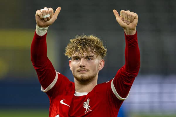 BRUSSELS, BELGIUM - Thursday, December 14, 2023: Liverpool's Harvey Elliott applauds the supporters after the UEFA Europa League Group E matchday 6 game between Royale Union Saint-Gilloise and Liverpool FC at the Constant Vanden Stock Stadium. Union SG won 2-1. (Photo by David Rawcliffe/Propaganda)