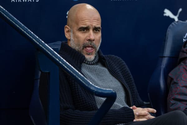 MANCHESTER, ENGLAND - Saturday, December 16, 2023: Manchester City's manager Josep 'Pep' Guardiola during the FA Premier League match between Manchester City FC and Crystal Palace FC at the City of Manchester Stadium. (Photo by David Rawcliffe/Propaganda)