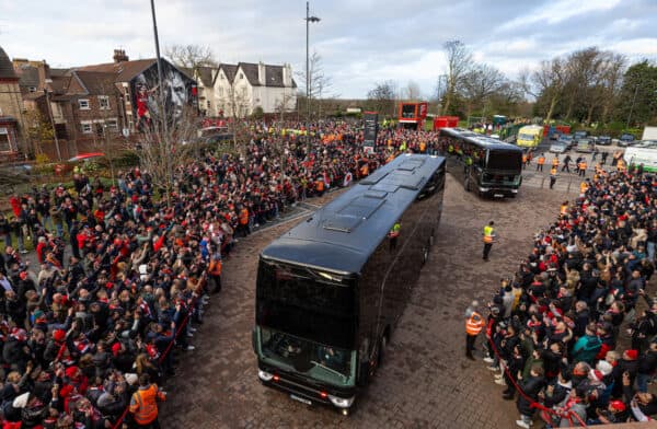 LIVERPOOL, ENGLAND - Sunday, December 17, 2023: Manchester United team coaches arrive before the FA Premier League match between Liverpool FC and Manchester United FC at Anfield. (Photo by David Rawcliffe/Propaganda)