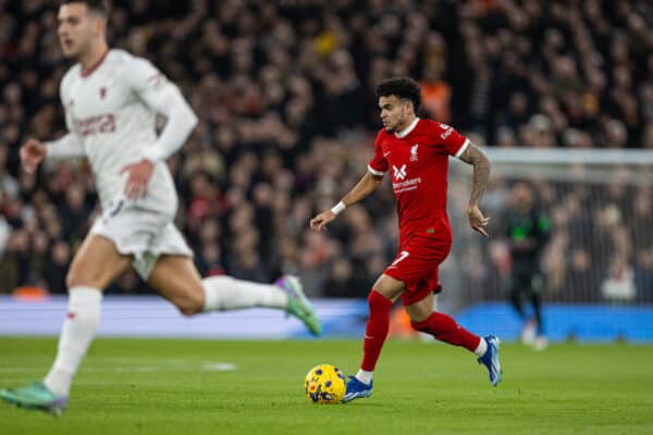 LIVERPOOL, ENGLAND - Sunday, December 17, 2023: Liverpool's Luis Díaz during the FA Premier League match between Liverpool FC and Manchester United FC at Anfield. (Photo by David Rawcliffe/Propaganda)