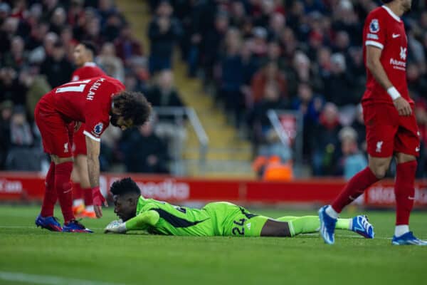 LIVERPOOL, ENGLAND - Sunday, December 17, 2023: Liverpool's Mohamed Salah (L) and Manchester United's goalkeeper André Onana during the FA Premier League match between Liverpool FC and Manchester United FC at Anfield. (Photo by David Rawcliffe/Propaganda)