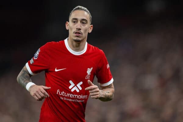 LIVERPOOL, ENGLAND - Sunday, December 17, 2023: Liverpool's Kostas Tsimikas during the FA Premier League match between Liverpool FC and Manchester United FC at Anfield. (Photo by David Rawcliffe/Propaganda)
