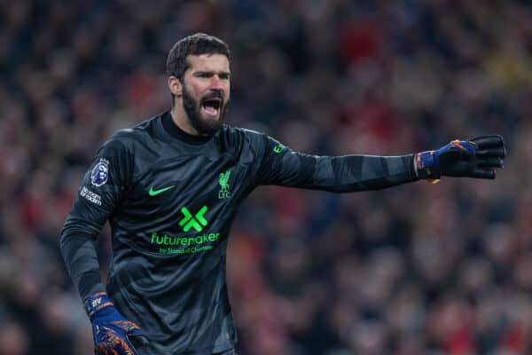 LIVERPOOL, ENGLAND - Sunday, December 17, 2023: Liverpool's goalkeeper Alisson Becker during the FA Premier League match between Liverpool FC and Manchester United FC at Anfield. (Photo by David Rawcliffe/Propaganda)