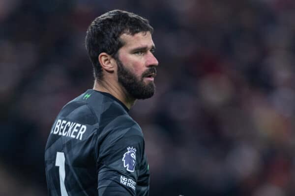 LIVERPOOL, ENGLAND - Sunday, December 17, 2023: Liverpool's goalkeeper Alisson Becker during the FA Premier League match between Liverpool FC and Manchester United FC at Anfield. (Photo by David Rawcliffe/Propaganda)