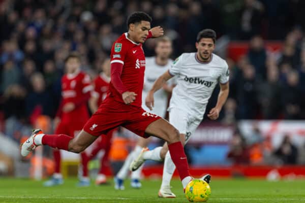 LIVERPOOL, ENGLAND - Wednesday, December 20, 2023: Liverpool's Jarell Quansah during the Football League Cup Quarter-Final match between Liverpool FC and West Ham United FC at Anfield. (Photo by David Rawcliffe/Propaganda)