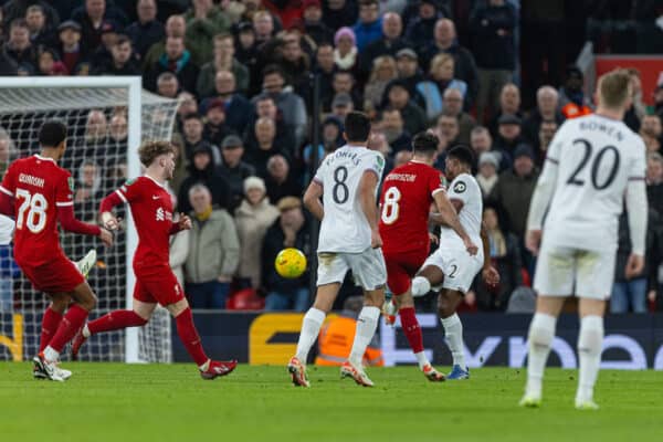 LIVERPOOL, ENGLAND - Wednesday, December 20, 2023: Liverpool's Dominik Szoboszlai scores the first goal during the Football League Cup Quarter-Final match between Liverpool FC and West Ham United FC at Anfield. (Photo by David Rawcliffe/Propaganda)