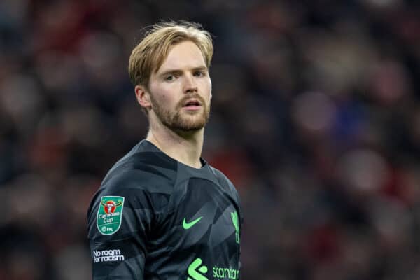 LIVERPOOL, ENGLAND - Wednesday, December 20, 2023: Liverpool's goalkeeper Caoimhin Kelleher during the Football League Cup Quarter-Final match between Liverpool FC and West Ham United FC at Anfield. (Photo by David Rawcliffe/Propaganda)