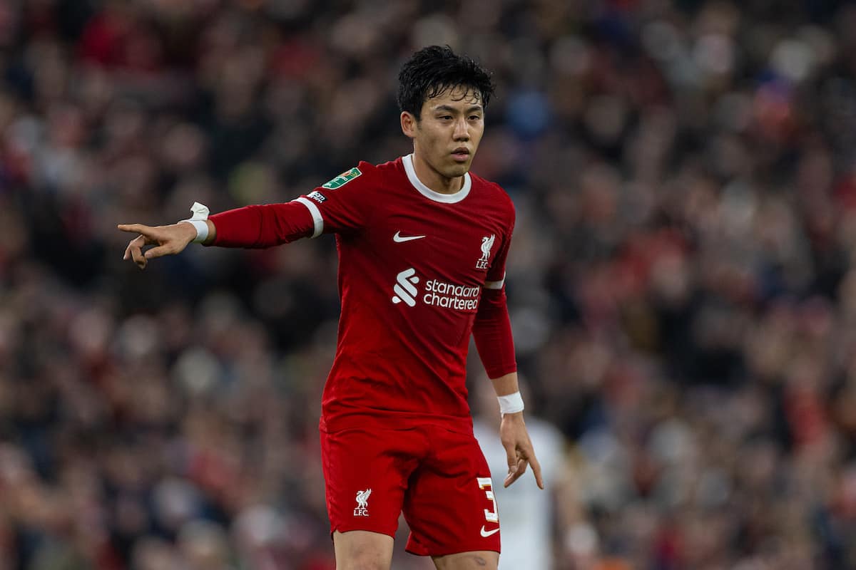 LIVERPOOL, ENGLAND - Wednesday, December 20, 2023: Liverpool's Wataru End? during the Football League Cup Quarter-Final match between Liverpool FC and West Ham United FC at Anfield. (Photo by David Rawcliffe/Propaganda)