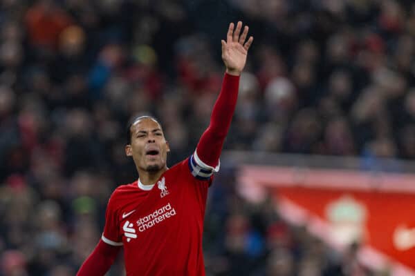 LIVERPOOL, ENGLAND - Wednesday, December 20, 2023: Liverpool's captain Virgil van Dijk during the Football League Cup Quarter-Final match between Liverpool FC and West Ham United FC at Anfield. (Photo by David Rawcliffe/Propaganda)