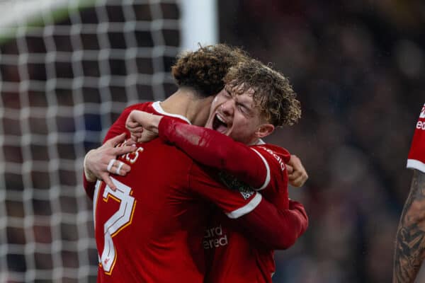 LIVERPOOL, ENGLAND - Wednesday, December 20, 2023: Liverpool's Curtis Jones (L) celebrates with team-mate Harvey Elliott after scoring the second goal, the club's 500th in the competition. during the Football League Cup Quarter-Final match between Liverpool FC and West Ham United FC at Anfield. (Photo by David Rawcliffe/Propaganda)