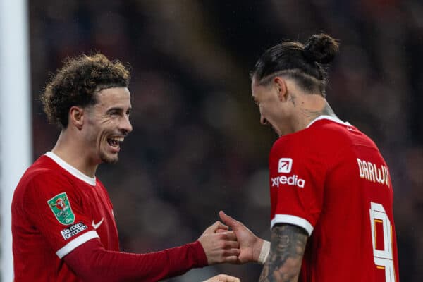 LIVERPOOL, ENGLAND - Wednesday, December 20, 2023: Liverpool's Curtis Jones (L) celebrates with team-mate Darwin Núñez after scoring the second goal, the club's 500th in the competition. during the Football League Cup Quarter-Final match between Liverpool FC and West Ham United FC at Anfield. (Photo by David Rawcliffe/Propaganda)