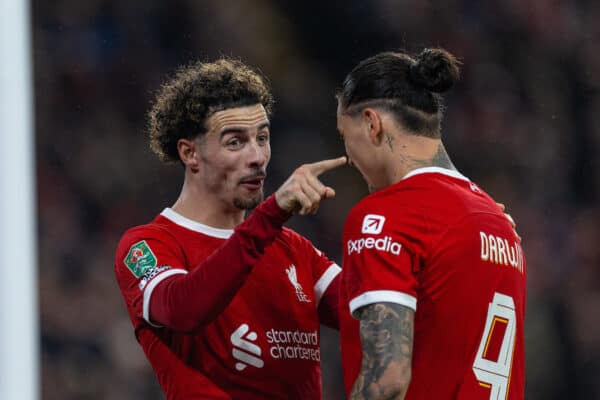 LIVERPOOL, ENGLAND - Wednesday, December 20, 2023: Liverpool's Curtis Jones (L) celebrates with team-mate Darwin Núñez after scoring the second goal, the club's 500th in the competition. during the Football League Cup Quarter-Final match between Liverpool FC and West Ham United FC at Anfield. (Photo by David Rawcliffe/Propaganda)