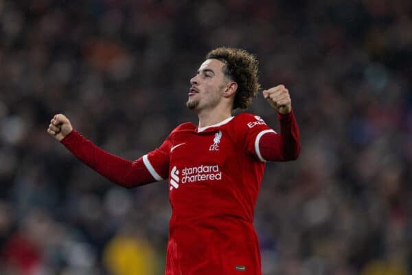 LIVERPOOL, ENGLAND - Wednesday, December 20, 2023: Liverpool's Curtis Jones celebrates after scoring the second goal, the club's 500th in the competition. during the Football League Cup Quarter-Final match between Liverpool FC and West Ham United FC at Anfield. (Photo by David Rawcliffe/Propaganda)