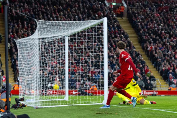 LIVERPOOL, ENGLAND - Wednesday, December 20, 2023: Liverpool's Curtis Jones scores the second goal, the club's 500th in the competition, during the Football League Cup Quarter-Final match between Liverpool FC and West Ham United FC at Anfield. (Photo by David Rawcliffe/Propaganda)