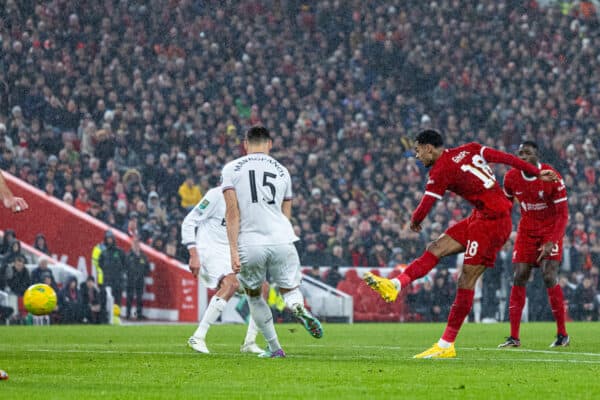LIVERPOOL, ENGLAND - Wednesday, December 20, 2023: Liverpool's Cody Gakpo scores the third goal during the Football League Cup Quarter-Final match between Liverpool FC and West Ham United FC at Anfield. (Photo by David Rawcliffe/Propaganda)