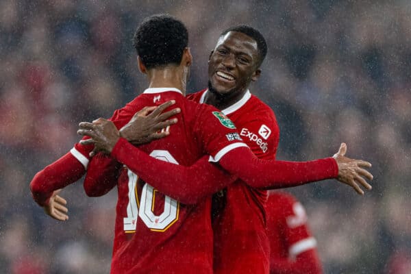 LIVERPOOL, ENGLAND - Wednesday, December 20, 2023: Liverpool's Cody Gakpo (L) celebrates with team-mate Ibrahima Konaté after scoring the third goal during the Football League Cup Quarter-Final match between Liverpool FC and West Ham United FC at Anfield. (Photo by David Rawcliffe/Propaganda)