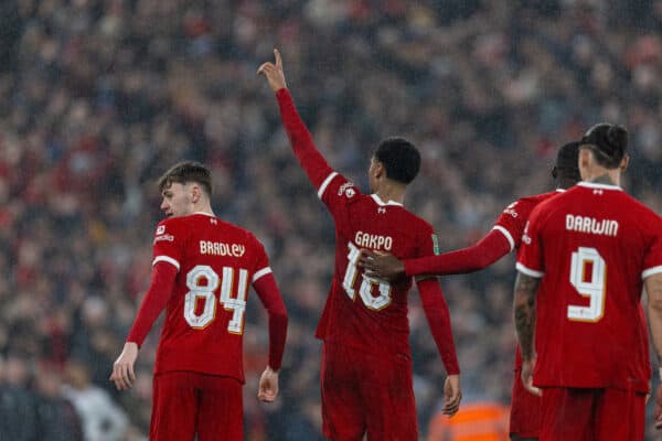 LIVERPOOL, ENGLAND - Wednesday, December 20, 2023: Liverpool's Cody Gakpo celebrates after scoring the third goal during the Football League Cup Quarter-Final match between Liverpool FC and West Ham United FC at Anfield. (Photo by David Rawcliffe/Propaganda)