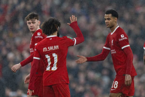 LIVERPOOL, ENGLAND - Wednesday, December 20, 2023: Liverpool's Cody Gakpo (R) celebrates with team-mate Mohamed Salah after scoring the third goal during the Football League Cup Quarter-Final match between Liverpool FC and West Ham United FC at Anfield. (Photo by David Rawcliffe/Propaganda)