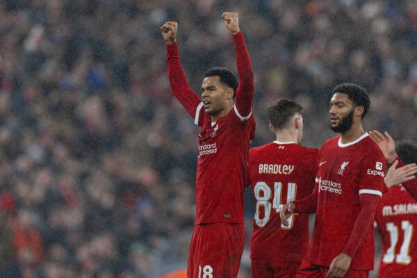 LIVERPOOL, ENGLAND - Wednesday, December 20, 2023: Liverpool's Cody Gakpo celebrates after scoring the third goal during the Football League Cup Quarter-Final match between Liverpool FC and West Ham United FC at Anfield. (Photo by David Rawcliffe/Propaganda)