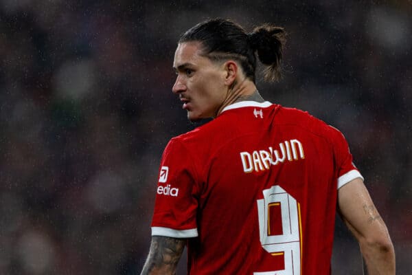 LIVERPOOL, ENGLAND - Wednesday, December 20, 2023: Liverpool's Darwin Núñez during the Football League Cup Quarter-Final match between Liverpool FC and West Ham United FC at Anfield. (Photo by David Rawcliffe/Propaganda)