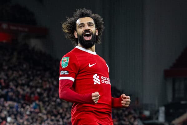 LIVERPOOL, ENGLAND - Wednesday, December 20, 2023: Liverpool's Mohamed Salah celebrates after scoring the fourth goal during the Football League Cup Quarter-Final match between Liverpool FC and West Ham United FC at Anfield. (Photo by David Rawcliffe/Propaganda)