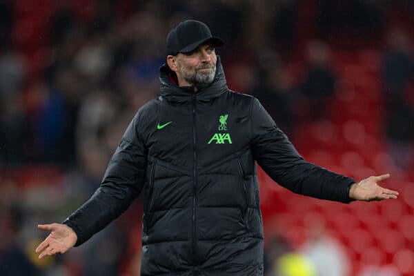 LIVERPOOL, ENGLAND - Wednesday, December 20, 2023: Liverpool's manager Jürgen Klopp celebrates after the Football League Cup Quarter-Final match between Liverpool FC and West Ham United FC at Anfield. Liverpool won 5-1. (Photo by David Rawcliffe/Propaganda)