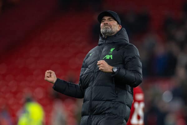 LIVERPOOL, ENGLAND - Wednesday, December 20, 2023: Liverpool's manager Jürgen Klopp celebrates after the Football League Cup Quarter-Final match between Liverpool FC and West Ham United FC at Anfield. Liverpool won 5-1. (Photo by David Rawcliffe/Propaganda)