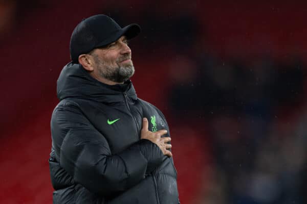 LIVERPOOL, ENGLAND - Wednesday, December 20, 2023: Liverpool's manager Jürgen Klopp celebrates after the Football League Cup Quarter-Final match between Liverpool FC and West Ham United FC at Anfield. Liverpool won 5-1. (Photo by David Rawcliffe/Propaganda)