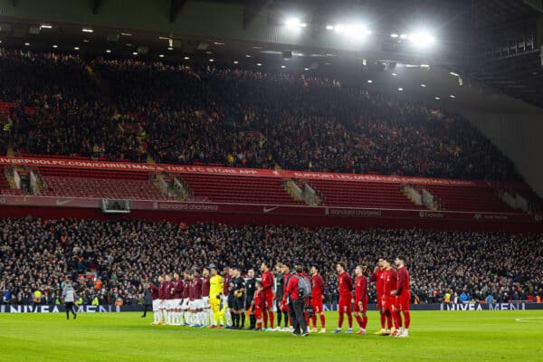 LIVERPOOL, ENGLAND - Wednesday, December 20, 2023: Players line-up before the Football League Cup Quarter-Final match between Liverpool FC and West Ham United FC at Anfield. (Photo by David Rawcliffe/Propaganda)