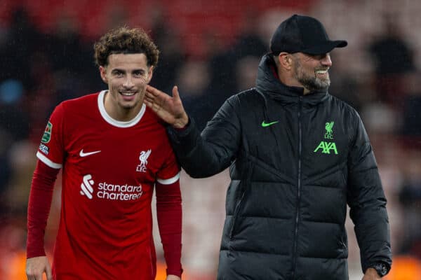 LIVERPOOL, ENGLAND - Wednesday, December 20, 2023: Liverpool's manager Jürgen Klopp celebrates with two-goal hero Curtis Jones (L) after the Football League Cup Quarter-Final match between Liverpool FC and West Ham United FC at Anfield. Liverpool won 5-1. (Photo by David Rawcliffe/Propaganda)