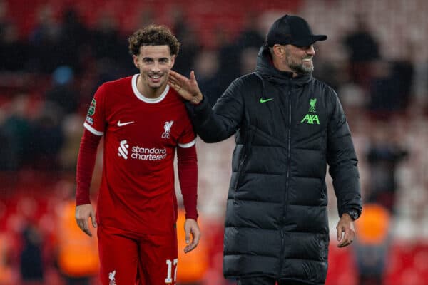 LIVERPOOL, ENGLAND - Wednesday, December 20, 2023: Liverpool's manager Jürgen Klopp celebrates with two-goal hero Curtis Jones (L) after the Football League Cup Quarter-Final match between Liverpool FC and West Ham United FC at Anfield. Liverpool won 5-1. (Photo by David Rawcliffe/Propaganda)