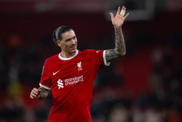 LIVERPOOL, ENGLAND - Wednesday, December 20, 2023: Liverpool's Darwin Núñez waves to the supporters after the Football League Cup Quarter-Final match between Liverpool FC and West Ham United FC at Anfield. Liverpool won 5-1. (Photo by David Rawcliffe/Propaganda)