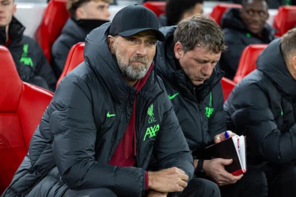 LIVERPOOL, ENGLAND - Wednesday, December 20, 2023: Liverpool's manager Jürgen Klopp during the Football League Cup Quarter-Final match between Liverpool FC and West Ham United FC at Anfield. (Photo by David Rawcliffe/Propaganda)