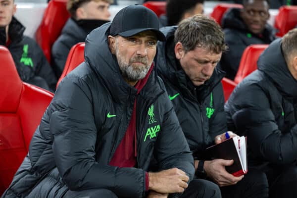 LIVERPOOL, ENGLAND - Wednesday, December 20, 2023: Liverpool's manager Jürgen Klopp during the Football League Cup Quarter-Final match between Liverpool FC and West Ham United FC at Anfield. (Photo by David Rawcliffe/Propaganda)