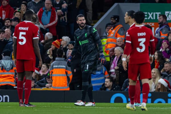 LIVERPOOL, ENGLAND - Saturday, December 23, 2023: Liverpool's goalkeeper Alisson Becker looks dejected as Arsenal score the opening goal during the FA Premier League match between Liverpool FC and Arsenal FC at Anfield. (Photo by David Rawcliffe/Propaganda)