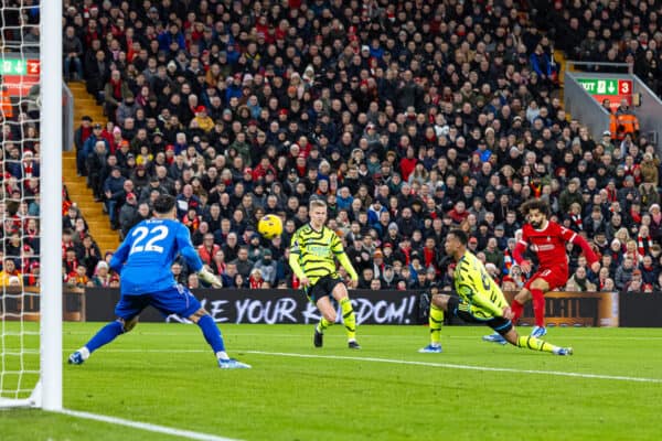 LIVERPOOL, ENGLAND - Saturday, December 23, 2023: Liverpool's Mohamed Salah scores the first equalising goal during the FA Premier League match between Liverpool FC and Arsenal FC at Anfield. (Photo by David Rawcliffe/Propaganda)