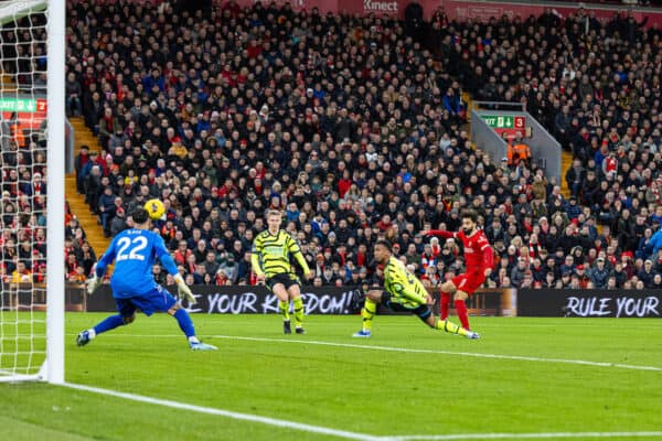 LIVERPOOL, ENGLAND - Saturday, December 23, 2023: Liverpool's Mohamed Salah scores the first equalising goal during the FA Premier League match between Liverpool FC and Arsenal FC at Anfield. (Photo by David Rawcliffe/Propaganda)