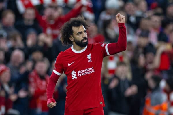 LIVERPOOL, ENGLAND - Saturday, December 23, 2023: Liverpool's Mohamed Salah celebrates after scoring the first equalising goal during the FA Premier League match between Liverpool FC and Arsenal FC at Anfield. (Photo by David Rawcliffe/Propaganda)