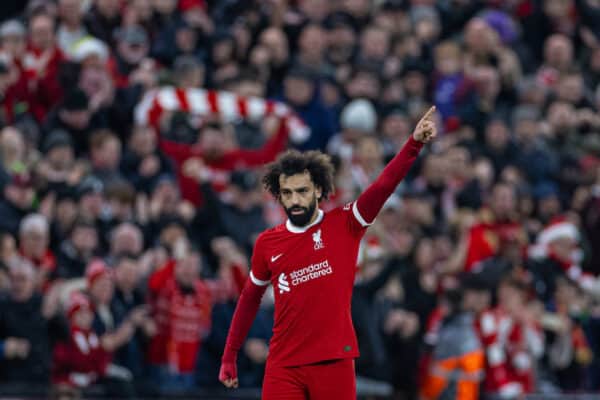 LIVERPOOL, ENGLAND - Saturday, December 23, 2023: Liverpool's Mohamed Salah celebrates after scoring the first equalising goal during the FA Premier League match between Liverpool FC and Arsenal FC at Anfield. (Photo by David Rawcliffe/Propaganda)