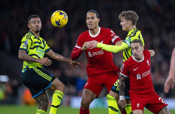 LIVERPOOL, ENGLAND - Saturday, December 23, 2023: Liverpool's captain Virgil Van Dijk (C) during the FA Premier League match between Liverpool FC and Arsenal FC at Anfield. (Photo by David Rawcliffe/Propaganda)