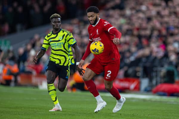 LIVERPOOL, ENGLAND - Saturday, December 23, 2023: Liverpool's Joe Gomez during the FA Premier League match between Liverpool FC and Arsenal FC at Anfield. (Photo by David Rawcliffe/Propaganda)