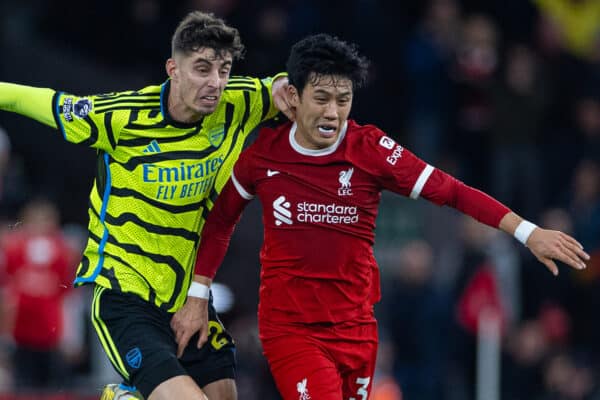 LIVERPOOL, ENGLAND - Saturday, December 23, 2023: Liverpool's Wataru Endo (R) is fouled by Arsenal's Kai Havertz during the FA Premier League match between Liverpool FC and Arsenal FC at Anfield. (Photo by David Rawcliffe/Propaganda)